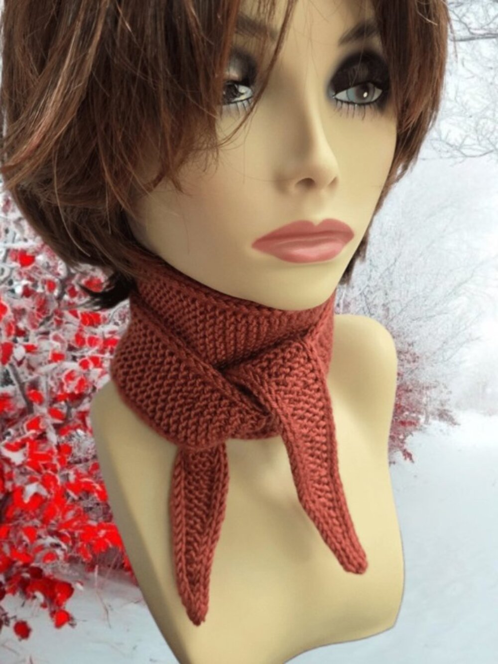Sophie Scarf Classic Design Small Double Wrap Handmade Knitted Acrylic Rust